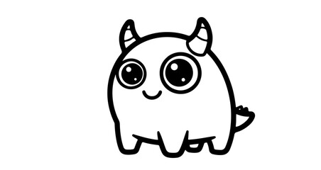 Fototapeta premium Cute cartoon monster with horns and big eyes in black and white
