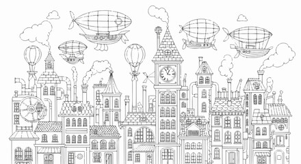 Fototapeta premium Steampunk city with airships in doodle style vector illustration of old town