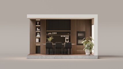 Modern Kitchen Showroom Display with Wooden Cabinets and Built-in Dining Table