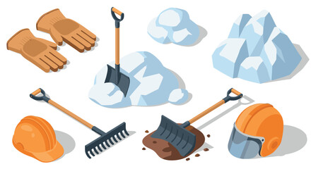 Isometric snow removal tools and safety gear for winter maintenance