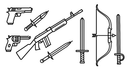 Naklejka premium Collection of various weaponry, including guns, knives, swords, and a bow and arrow