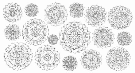 Collection of intricate mandala designs in black and white, showcasing detailed patterns and symmetry