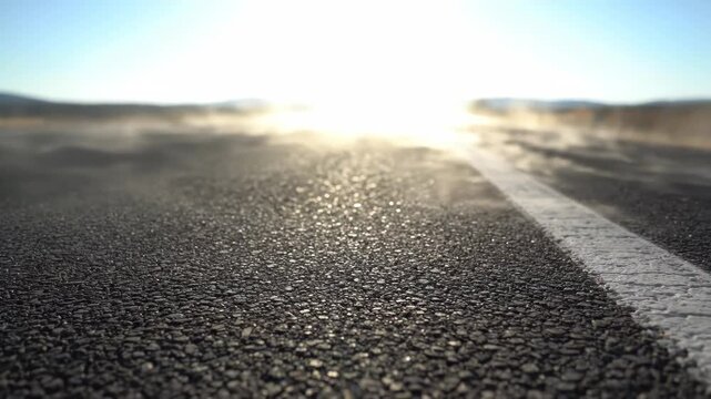 Close-up of heat haze rising from a hot asphalt road. Shimmering heat waves distort the view on a sunny summer day. Extreme temperature and travel concept
