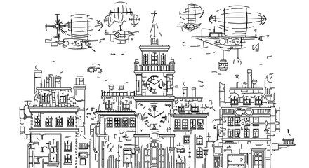 Fototapeta premium Steampunk city with airships flying above, a whimsical line art illustration