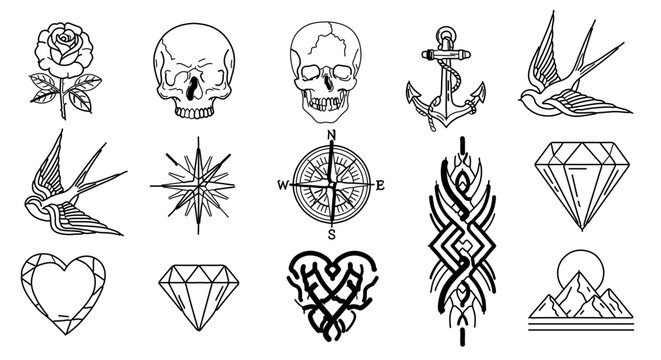 Tattoo set, a collection of various tattoo designs in a simple line art style