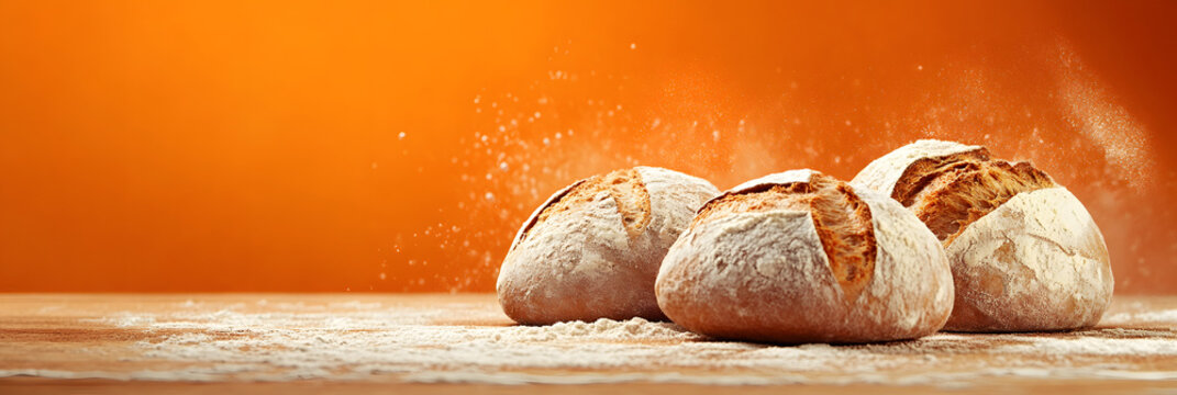 An artisan baker shapes loaves of bread on a flour-dusted wooden table wide banner - orange background