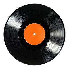 Vintage black vinyl record with plain orange label on transparent background