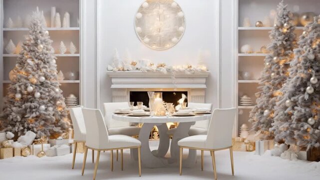 Elegant holiday dining setup with white decor and festive trees in a cozy indoor space during winter