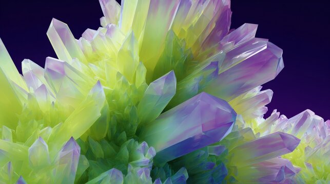 Close-up of a cluster of crystals. the crystals are arranged in a way that they form a star-like shape, with each crystal having a different color - pink, purple, green, and blue.