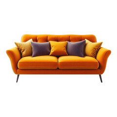 Orange sofa with cushions on clear backdrop on transparent background