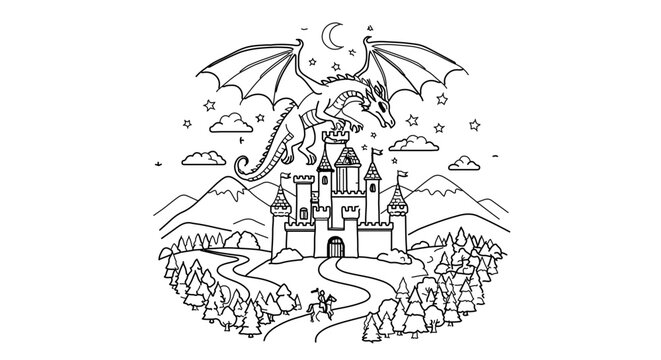 Majestic dragon soars above a fairytale castle, surrounded by mountains and forest