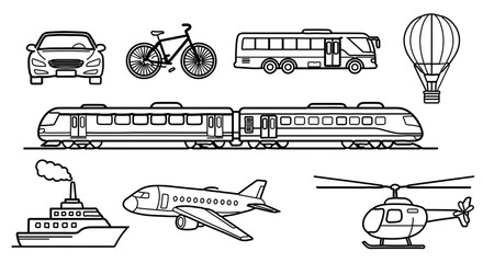 Various modes of transportation including car, bicycle, bus, train, airplane, ship