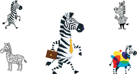 Cartoon zebra characters, business zebra, coloring page zebra, abstract zebra art, vector illustration, flat style, isolated white background