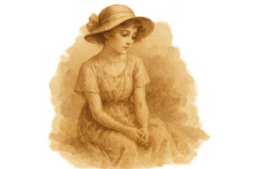 Vintage woman illustration depicting sadness and melancholy, lost in thought, wearing a hat, transparent background