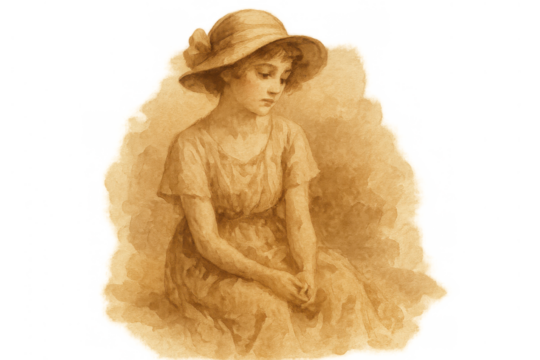 Vintage woman illustration depicting sadness and melancholy, lost in thought, wearing a hat, transparent background