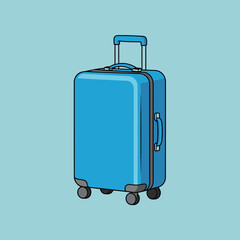 Blue Rolling Travel Suitcase Icon Vector Illustration on Light Blue Background, Symbolizing Vacation, Luggage, Airport, Adventure, and Global Travel in Modern Cartoon Design Style
