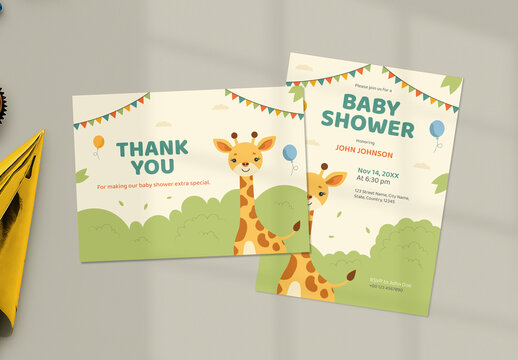 Cute Baby Shower Invitation and Thank You Card Template with Animal Giraffe Illustration
