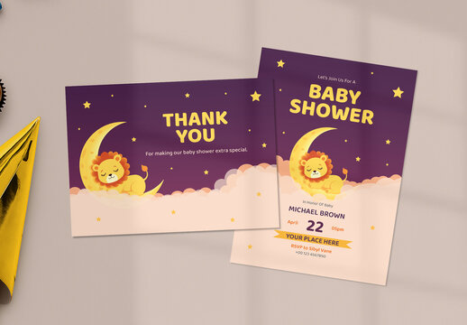 Purple and Yellow Moon Themed Baby Shower Invitation and Thank You Card Set