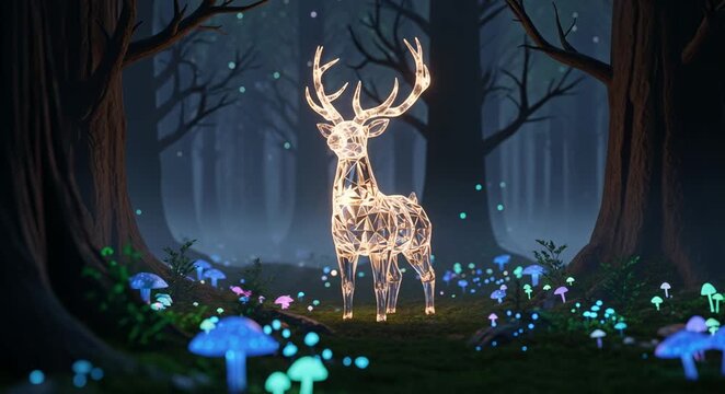Magical crystal reindeer with glowing antlers in an enchanted forest.