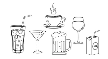 Outline drawing of various drinks in glasses and cups