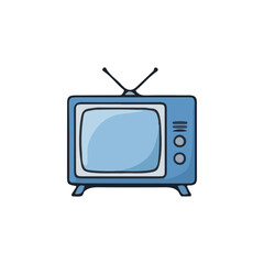 A cartoon illustration of a blue retro television set with antennas, isolated on white.