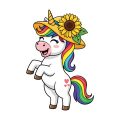 A cute cartoon unicorn stands on its hind legs, wearing a yellow hat decorated with a sunflower, with a rainbow mane and tail.