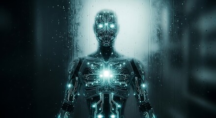 Robot with glowing eyes and circuits in dark setting