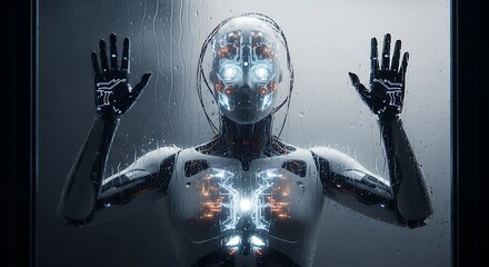 White robot with glowing chest and hands on glass
