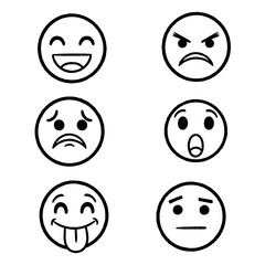 Diverse Black Outline Emoji Faces Expressing Various Emotions.