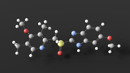 omeprazole molecule 3d, molecular structure, ball and stick model, structural chemical formula antiulcer drug