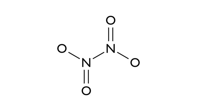 dinitrogen tetroxide molecule, structural chemical formula, ball-and-stick model, isolated image oxidizing agent