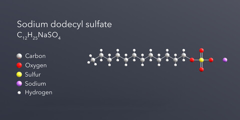 sodium dodecyl sulfate molecule 3d rendering, flat molecular structure with chemical formula and atoms color coding