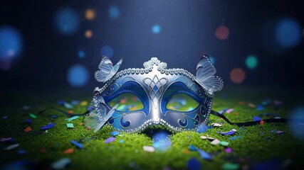 Ornate blue masquerade mask with butterflies on mossy ground