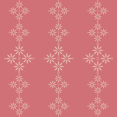 Seamless, Floral pattern in white on a pink background, featuring vertical arrangements of flowers and geometric shapes.


