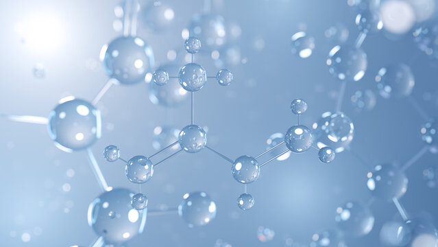 isoprene molecular structure 3d, natural rubber structural chemical formula view from a microscope