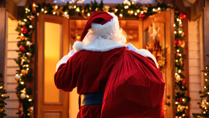 Rear view of Santa Claus holding a red sack full of gifts while standing before a warmly lit open door decorated with garlands and holiday lights. Cozy and festive Christmas atmosphere
