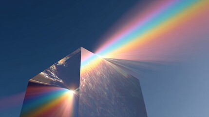 Abstract digital art piece that appears to be a 3d rendering of a triangular prism. the prism is made up of multiple layers of different colors, including red, orange, yellow, green, blue, and purple.