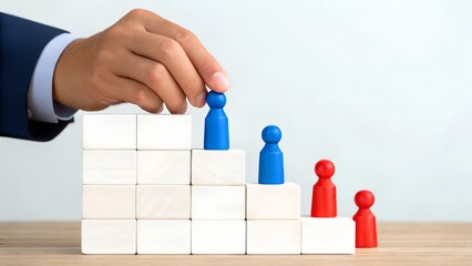 Hand placing figurine on top step – concept of promotion, leadership, career growth, achievement, and personal development