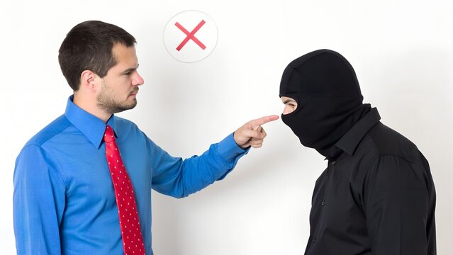 Businessman confronting masked figure with red X – concept of inappropriate action, conflict, disapproval, caution, and behavioral guidance