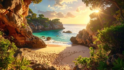 Tropical Beach Paradise At Sunrise With Crystal Clear Water Lush Greenery And Rocky Outcroppings Bathed In Golden Sunlight