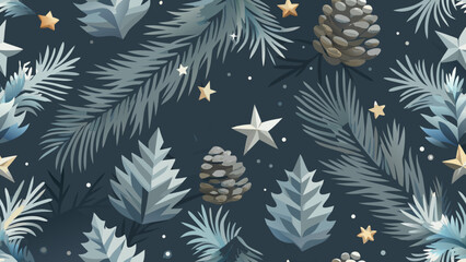 Vector illustration of a serene winter background featuring lush grey pine branches adorned with cone, white stars and delicate snowflakes on a deep dark grey backdrop