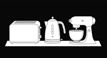 Kitchen appliances vector, toaster, electric kettle, stand mixer, CAD drawing, black background, minimal design, food prep tools, line art, illustration