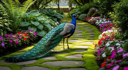 Peacock garden nature bird feathers path flowers plants wildlife beauty vibrant exotic colorful scenic