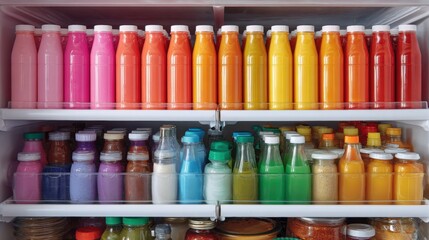 Open refrigerator with multiple shelves filled with different types of juice bottles.