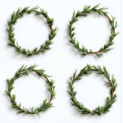 Set of 4 festive christmas thin round wreath with green needles minimalist decor for winter holiday decorations cut and isolated on a transparent background png garlands decoration holiday isolated