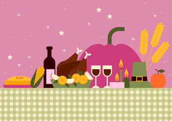 Naklejka premium A table set for Thanksgiving dinner with a roasted turkey, stuffing, and all the fixings. Festive holiday dinner. Thanksgiving dinner with roasted turkey and pies
