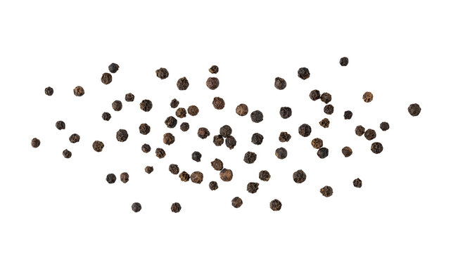 Dried black pepper berries closeup flying isolated on white background. Aromatic spicy ingredient for cuisine.