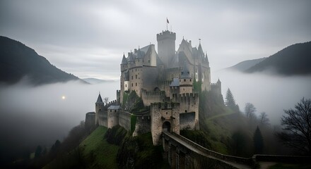 Foggy castle medieval architecture landscape fortress mountain tourism landmark travel destination europe
