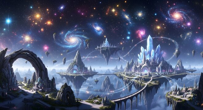 Extraterrestrial Fantasy Floating City Universe Galaxy Nebula Stars Crystals Arches Bridges Futuristic Dreamlike