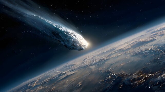 Realistic asteroid entering Earth’s atmosphere with glowing light and detailed view of planet from space